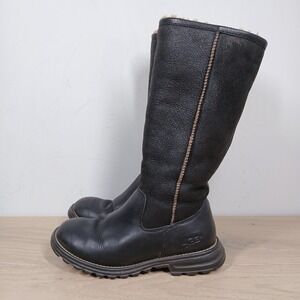 UGG Tall Boots Womens 5 Black Leather Pull On Shearling Lined Winter Chunky Boot